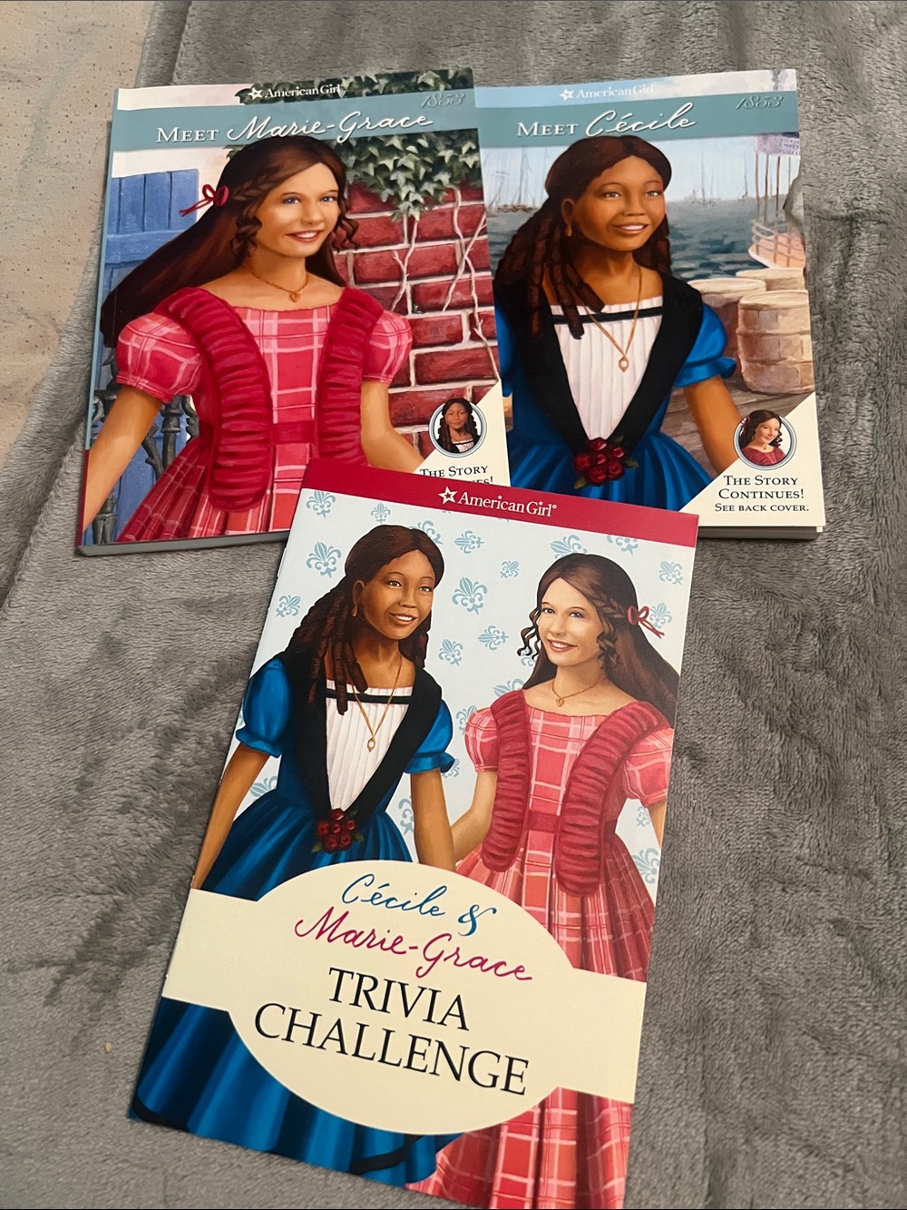 American Girl Blue and Pink Historical books & bonus Trivia Book
